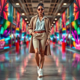 A full-length portrait of a stylish individual showcasing a fashionable outfit, capturing details of the clothing such as texture, pattern, and color