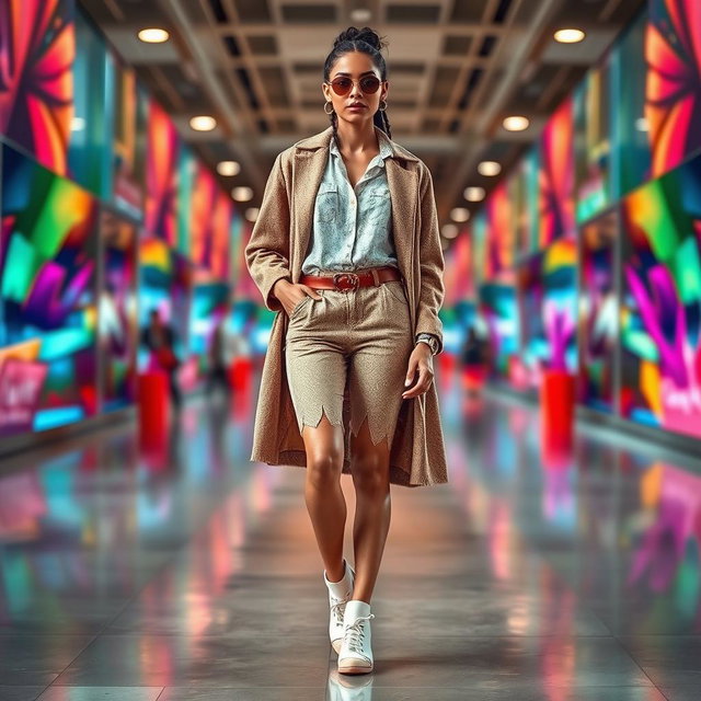 A full-length portrait of a stylish individual showcasing a fashionable outfit, capturing details of the clothing such as texture, pattern, and color