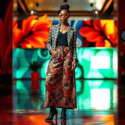 A full-length portrait of a stylish individual showcasing a fashionable outfit, capturing details of the clothing such as texture, pattern, and color