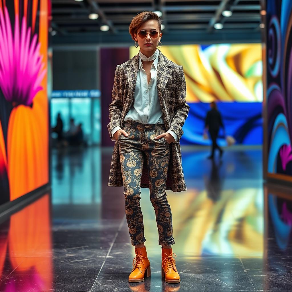 A full-length portrait of a stylish individual showcasing a fashionable outfit, capturing details of the clothing such as texture, pattern, and color