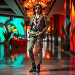 A full-length portrait of a stylish individual showcasing a fashionable outfit, capturing details of the clothing such as texture, pattern, and color