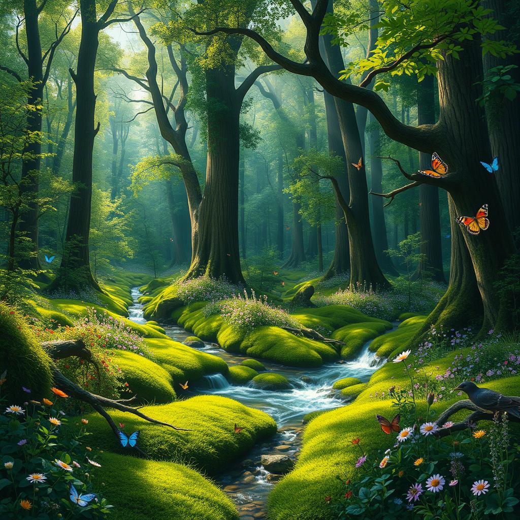 A lush, vibrant forest filled with towering trees, dappled sunlight filtering through the leaves, a carpet of green moss covering the ground, and colorful wildflowers in bloom