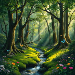 A lush, vibrant forest filled with towering trees, dappled sunlight filtering through the leaves, a carpet of green moss covering the ground, and colorful wildflowers in bloom