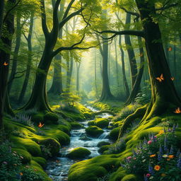 A lush, vibrant forest filled with towering trees, dappled sunlight filtering through the leaves, a carpet of green moss covering the ground, and colorful wildflowers in bloom