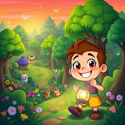 A vibrant cartoon digital illustration featuring a magical forest scene