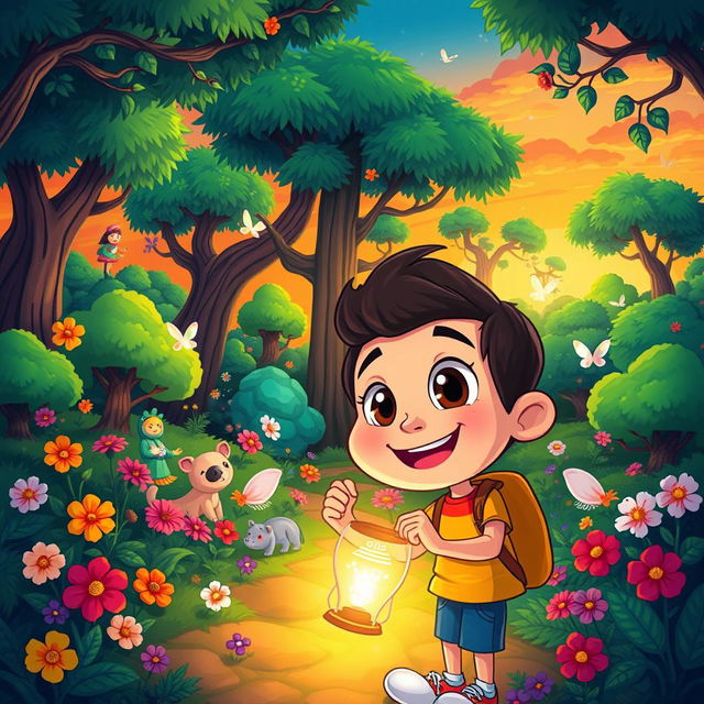 A vibrant cartoon digital illustration featuring a magical forest scene