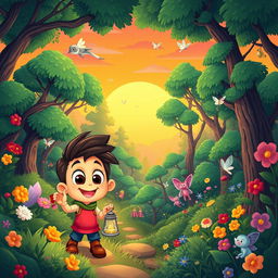 A vibrant cartoon digital illustration featuring a magical forest scene