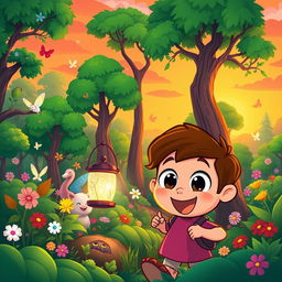 A vibrant cartoon digital illustration featuring a magical forest scene