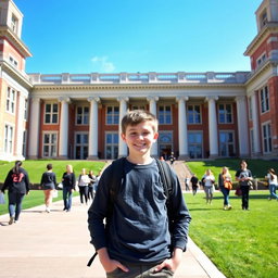 A young boy standing confidently in front of a grand university building, showcasing beautiful architecture with large pillars and an expansive lawn