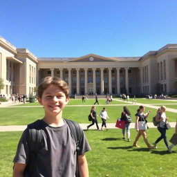 A young boy standing confidently in front of a grand university building, showcasing beautiful architecture with large pillars and an expansive lawn