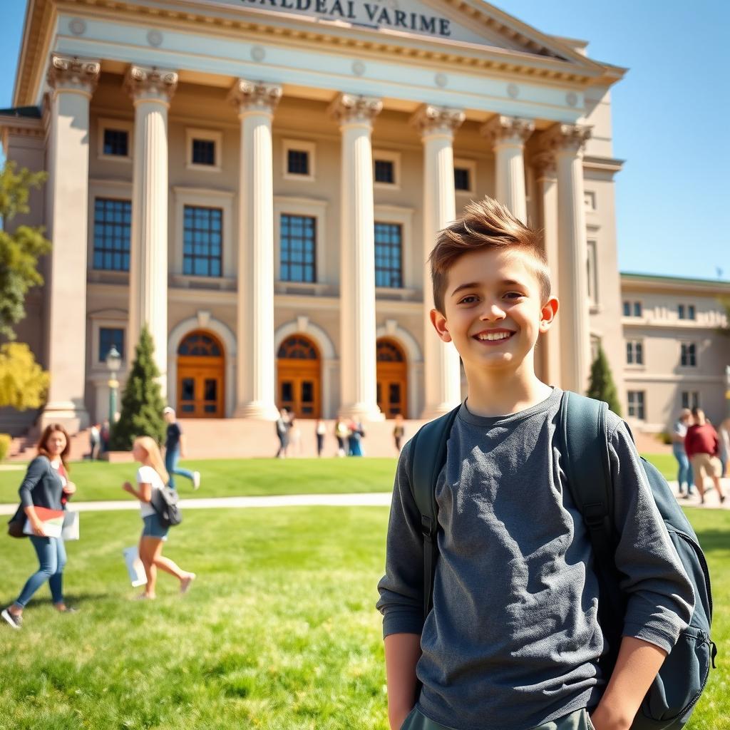 A young boy standing confidently in front of a grand university building, showcasing beautiful architecture with large pillars and an expansive lawn