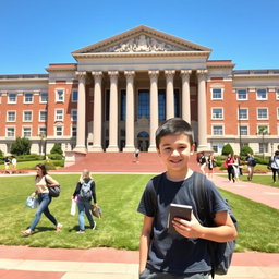 A young boy standing confidently in front of a grand university building, showcasing beautiful architecture with large pillars and an expansive lawn