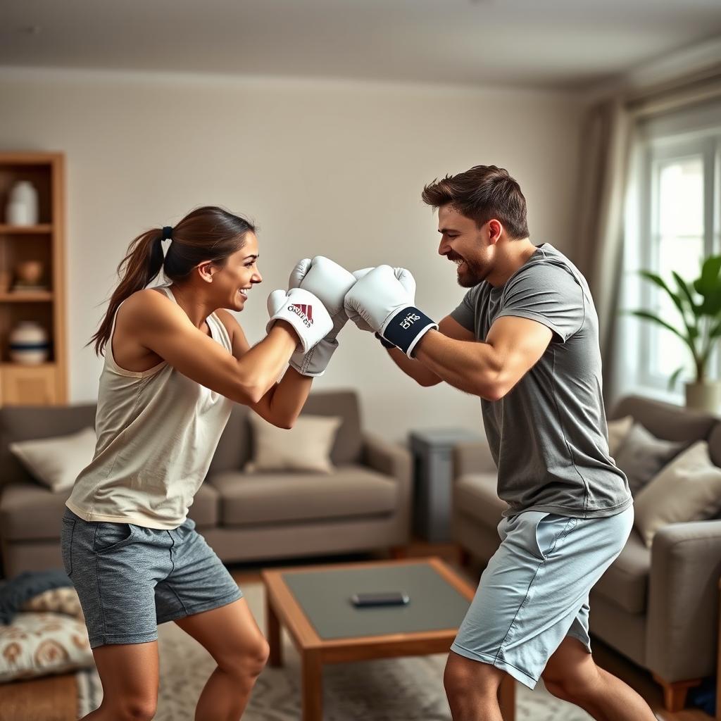 A dramatic scene depicting a couple engaged in a playful boxing match, showcasing their determination and energy