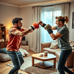 A dramatic scene depicting a couple engaged in a playful boxing match, showcasing their determination and energy