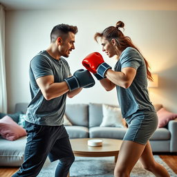 A dramatic scene depicting a couple engaged in a playful boxing match, showcasing their determination and energy