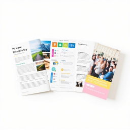 A neatly arranged tri-fold brochure that is completely unfolded, displaying three sections