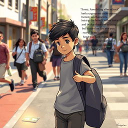 A heartwarming scene depicting a young man named Jose walking along a busy street after school