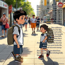 A heartwarming scene depicting a young man named Jose walking along a busy street after school