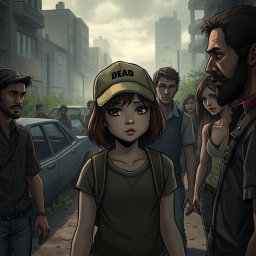 An emotionally charged scene inspired by the video game 'The Walking Dead: Telltale Series' Season 1, featuring a diverse group of characters in a post-apocalyptic setting