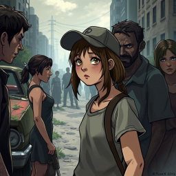 An emotionally charged scene inspired by the video game 'The Walking Dead: Telltale Series' Season 1, featuring a diverse group of characters in a post-apocalyptic setting