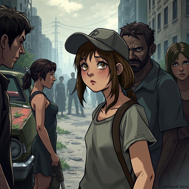An emotionally charged scene inspired by the video game 'The Walking Dead: Telltale Series' Season 1, featuring a diverse group of characters in a post-apocalyptic setting