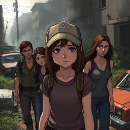 An emotionally charged scene inspired by the video game 'The Walking Dead: Telltale Series' Season 1, featuring a diverse group of characters in a post-apocalyptic setting