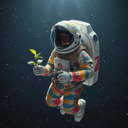 A person in a vibrant and imaginative spacesuit, adorned with colorful patterns and intricate designs, is gracefully floating in the vastness of space
