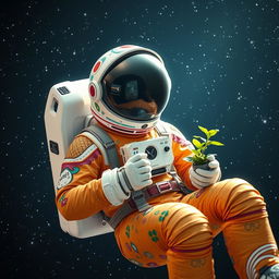 A person in a vibrant and imaginative spacesuit, adorned with colorful patterns and intricate designs, is gracefully floating in the vastness of space