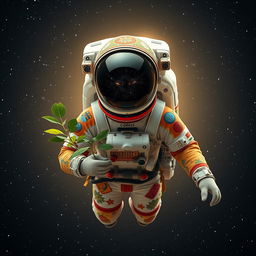A person in a vibrant and imaginative spacesuit, adorned with colorful patterns and intricate designs, is gracefully floating in the vastness of space