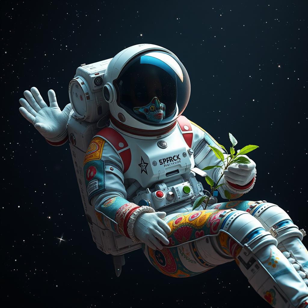 A person in a vibrant and imaginative spacesuit, adorned with colorful patterns and intricate designs, is gracefully floating in the vastness of space