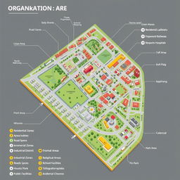 A detailed and educational diagram of an urban area organization, showcasing various components such as residential zones, commercial districts, industrial areas, green spaces, transportation networks (roads, railways, etc
