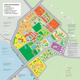 A detailed and educational diagram of an urban area organization, showcasing various components such as residential zones, commercial districts, industrial areas, green spaces, transportation networks (roads, railways, etc