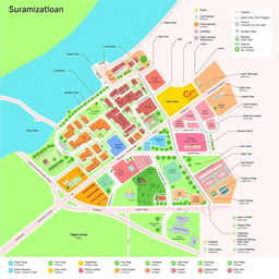 A detailed and educational diagram of an urban area organization, showcasing various components such as residential zones, commercial districts, industrial areas, green spaces, transportation networks (roads, railways, etc