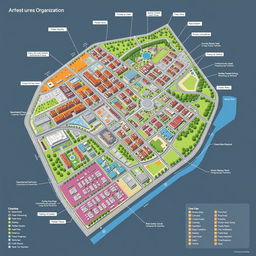 A detailed and educational diagram of an urban area organization, showcasing various components such as residential zones, commercial districts, industrial areas, green spaces, transportation networks (roads, railways, etc