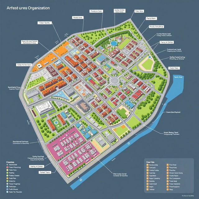 A detailed and educational diagram of an urban area organization, showcasing various components such as residential zones, commercial districts, industrial areas, green spaces, transportation networks (roads, railways, etc