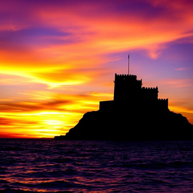 A breathtaking silhouette of Kizkalesi (Maiden's Castle) set against a stunning sunset sky