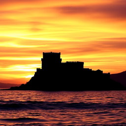 A breathtaking silhouette of Kizkalesi (Maiden's Castle) set against a stunning sunset sky