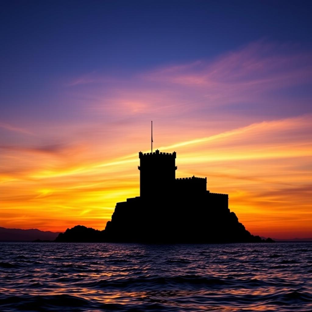 A breathtaking silhouette of Kizkalesi (Maiden's Castle) set against a stunning sunset sky
