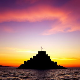 A breathtaking silhouette of Kizkalesi (Maiden's Castle) set against a stunning sunset sky