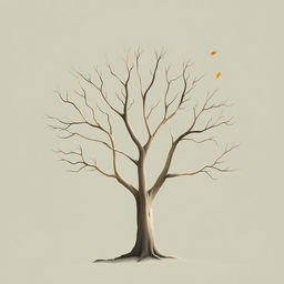 An old tree with smooth, bare branches, showcasing an autumn scene with a few leaves gently floating down from the sky