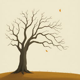 An old tree with smooth, bare branches, showcasing an autumn scene with a few leaves gently floating down from the sky