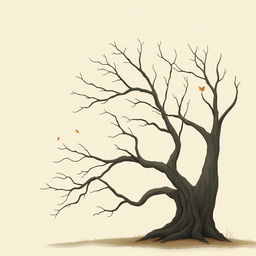 An old tree with smooth, bare branches, showcasing an autumn scene with a few leaves gently floating down from the sky