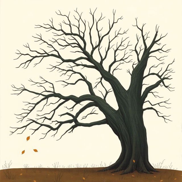 An old tree with smooth, bare branches, showcasing an autumn scene with a few leaves gently floating down from the sky