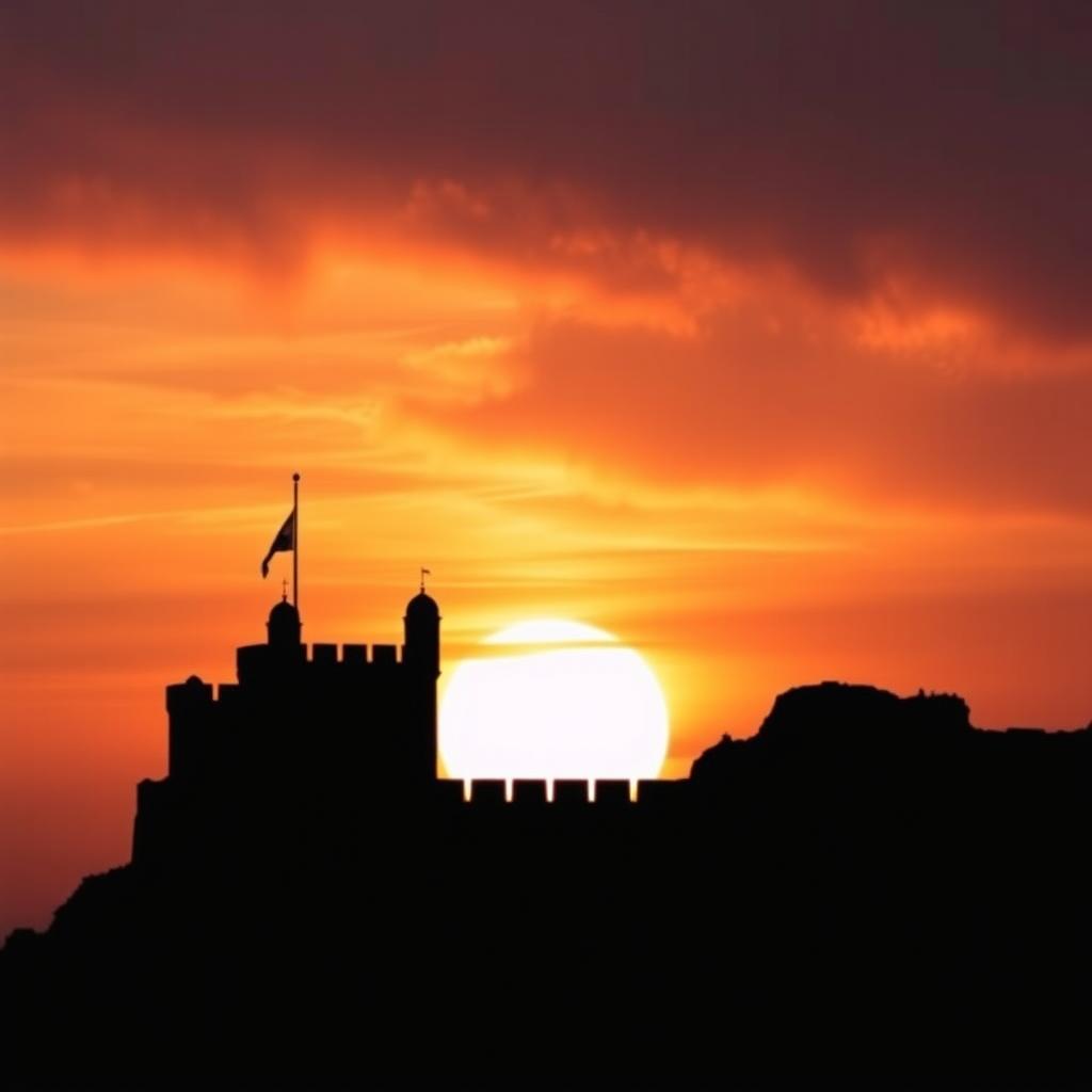 A captivating silhouette of Kizkalesi (Maiden's Castle) located near Mersin, set against a dramatic sunset sky