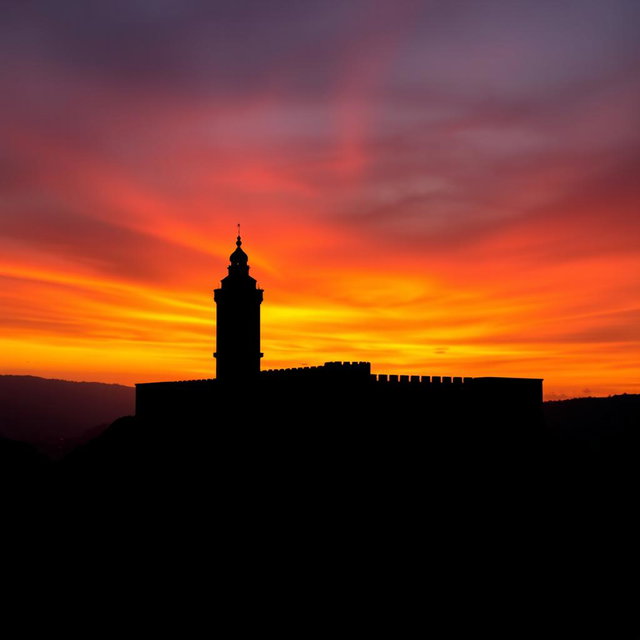 A captivating silhouette of Kizkalesi (Maiden's Castle) located near Mersin, set against a dramatic sunset sky