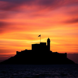 A captivating silhouette of Kizkalesi (Maiden's Castle) located near Mersin, set against a dramatic sunset sky
