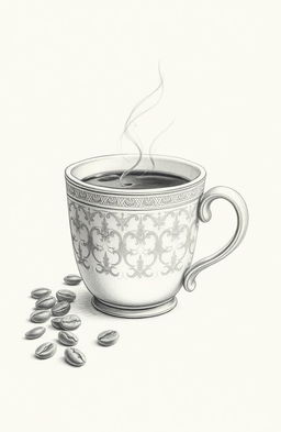 A beautifully detailed pencil sketch of a coffee cup, featuring realistic shading and texture to capture the warmth and comfort of a steaming beverage