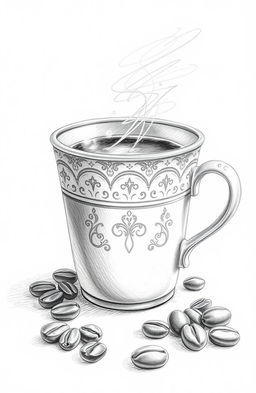 A beautifully detailed pencil sketch of a coffee cup, featuring realistic shading and texture to capture the warmth and comfort of a steaming beverage