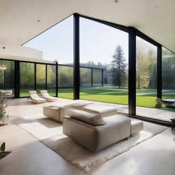 A modern house with sleek lines, large windows, minimalist aesthetics, and stylish furniture. The house should be in an open environment with abundant natural light.