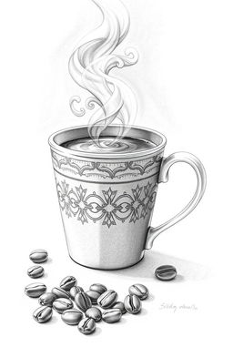 A beautifully detailed pencil sketch of a coffee cup, featuring realistic shading and texture to capture the warmth and comfort of a steaming beverage